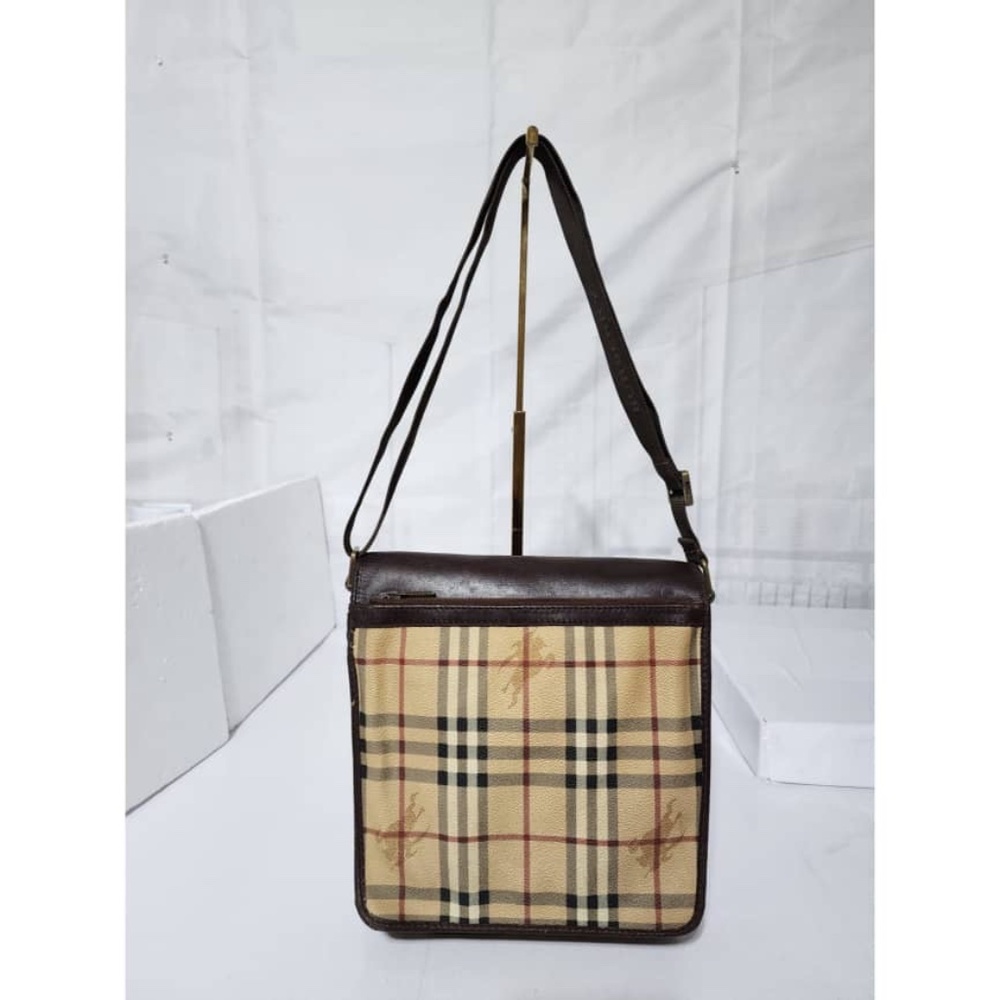 Authentic Burberry Haymarket Check Flap Crossbody Bag Brown/ Beige - Picture 4 of 16